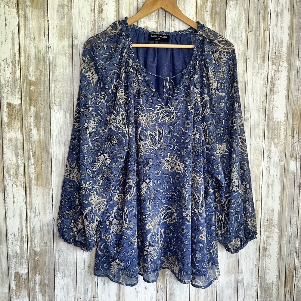 Lane Bryant Lurex Floral Blouse Blue Metallic V-Neck Ruffle Top Size 18/20 - Picture 2 of 6